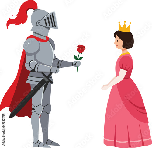 Knight in armor offering a red rose to princess in pink dress with golden crown romantic medieval scene vector illustration 