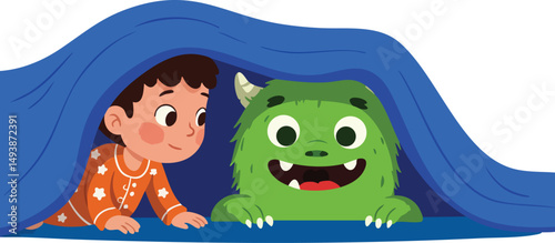 Child and friendly green monster playing under blue blanket in cozy indoor setting vector illustration 