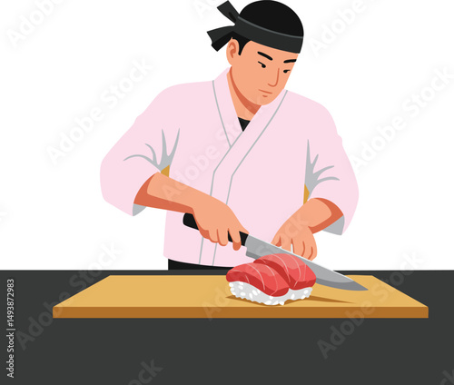Sushi chef preparing fresh nigiri sushi with knife on cutting board in minimalist kitchen setting 