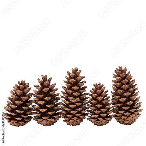 Group of five pine cones isolated on transparent background