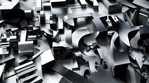 Abstract Metallic Typeface Chaos, 3D Render of Gray Metal Letters and Shapes