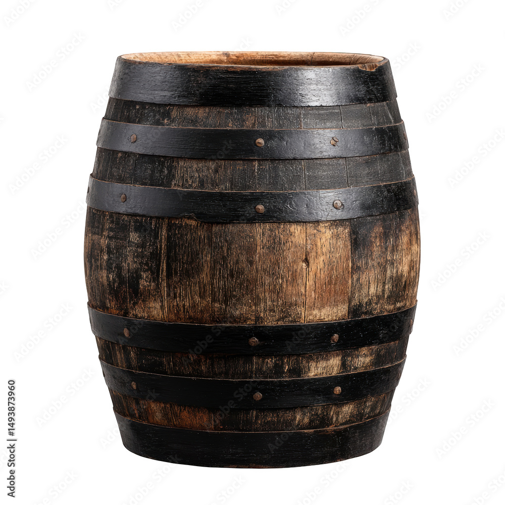 Fototapeta premium Rustic Wooden Barrel with Black Hoops On Transparent Background