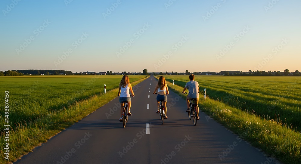 Fototapeta premium Friends Biking on a Road Through Green Fields Together Exploring Summer Journey and Having Fun on Vacation or Holiday Time Concept
