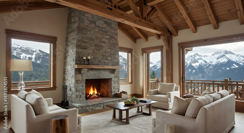 Cozy Chalet Interior With Stone Fireplace And Stunning Mountain Views