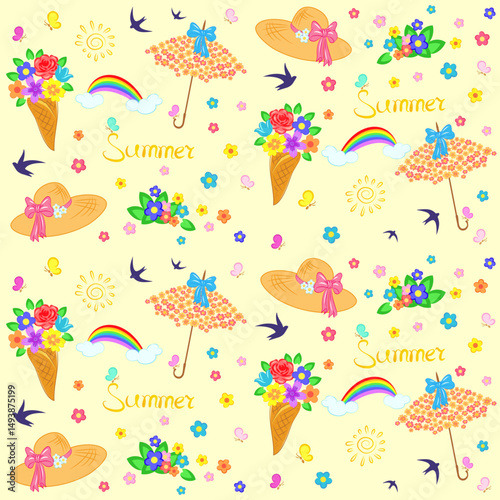 Vector seamless pattern: stylized ice cream made of multi-colored flowers in a waffle cone, umbrellas made of flowers, butterflies, the inscription 