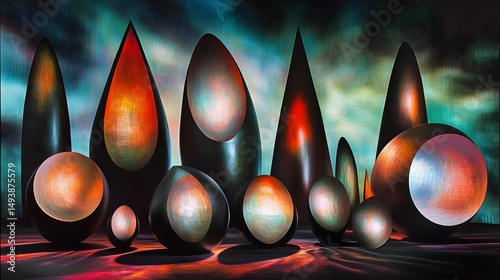 Abstract 3D Metallic Sculptures, Surreal Egg and Cone Forms in Vibrant Hues