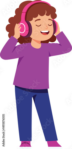 Girl enjoying music with pink headphones in relaxed purple outfit vector illustration 