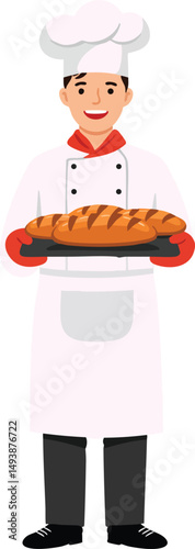 Chef holding freshly baked bread loaf in kitchen uniform and hat vector illustration 