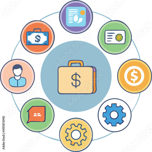 Illustration of briefcase surrounded by icons representing business and finance concepts in a circle
