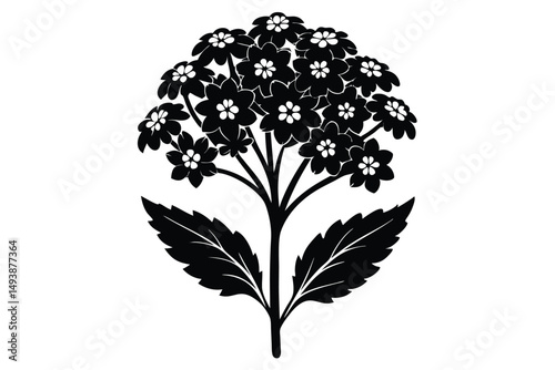 Black and White Illustration of a Flower Bouquet with Leaves, Floral Design