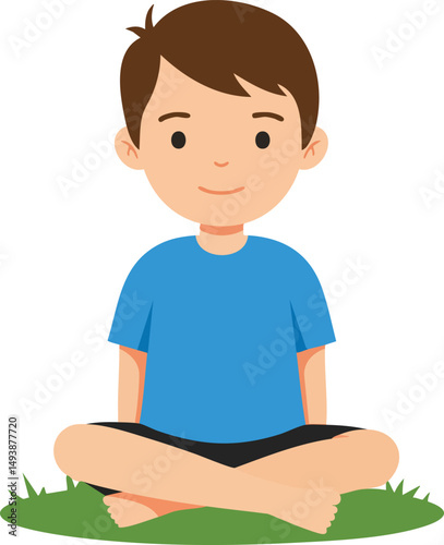 Boy sitting cross-legged on grass meditating or relaxing in blue shirt and black shorts vector illustration 