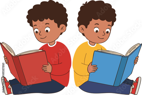Two boys sitting back to back reading colorful books red and blue covers vector illustration 