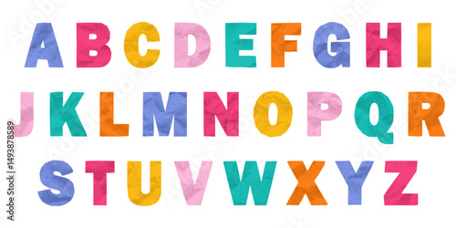 Set of colorful English alphabet letters in crumpled paper collage style. Jagged torn edges, vibrant pastel textures, playful ransom note look, cute sticker design.