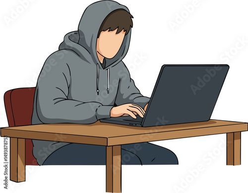 Young person in hoodie working on laptop at wooden table casual technology usage indoors 