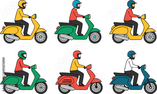 A set of 6 various motorcycles and scooters, diverse riders, Cartoon illustration urban transportation, colorful vehicles