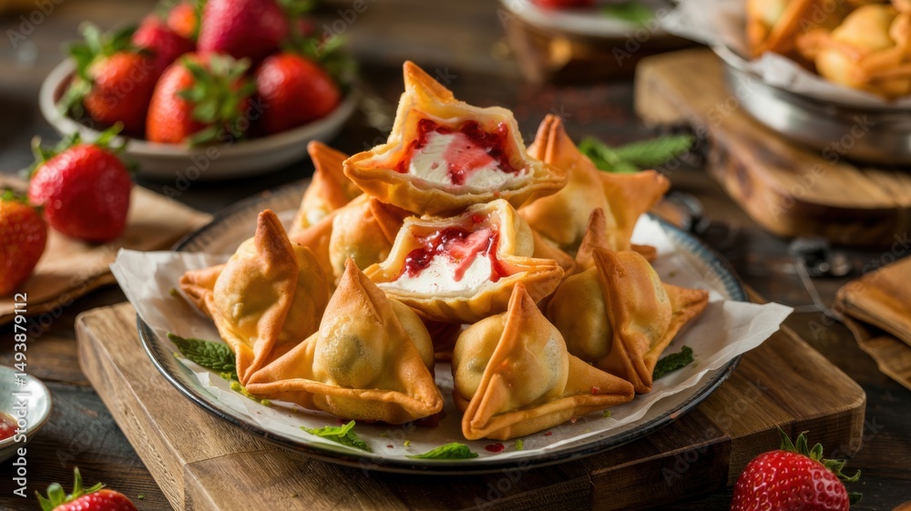 Deep-fried strawberry cheesecake with wonton filling. There are lots of fresh strawberries nearby. Deep-fried strawberry cheesecake with wonton filling. There are lots of fresh strawberries nearby.