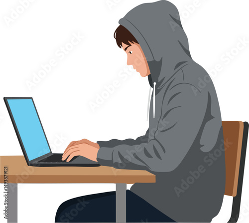 Young man in gray hoodie working on laptop at desk focused on screen vector illustration 