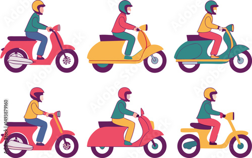 A set of 6 various motorcycles and scooters, diverse riders, Cartoon illustration urban transportation, colorful vehicles