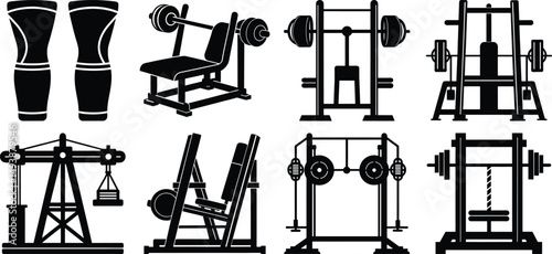 set of Gym equipment silhouettes white background