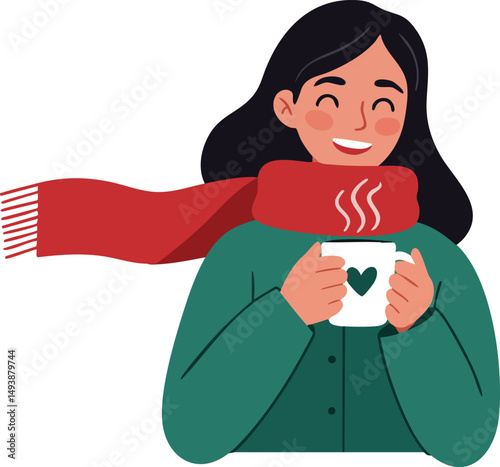 Woman enjoying hot drink wearing red scarf and green sweater cozy winter illustration vector 