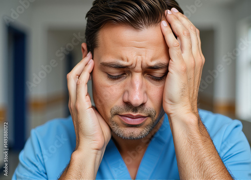 Male nurse experiencing fatigue and stress in hospital environment   photo