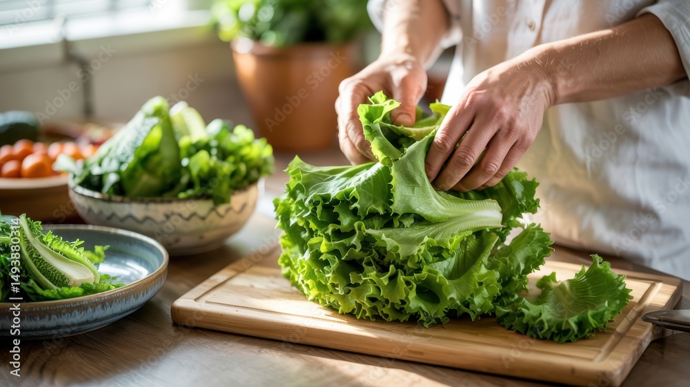Fresh green lettuce on the kitchen table, one head of which is neatly cut for salad.