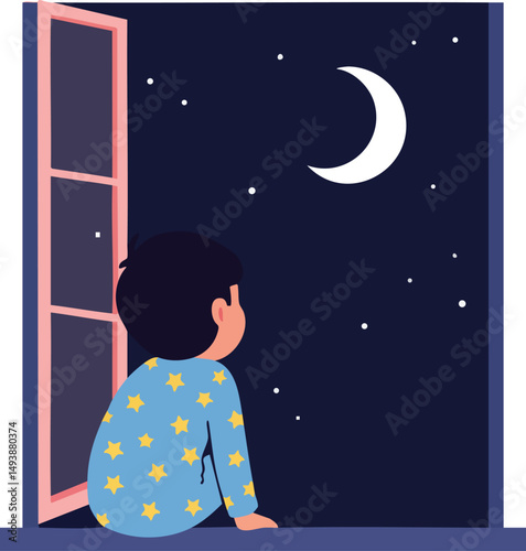 Child in Starry Pajamas Looking at Crescent Moon Through Open Window at Night Vector Illustration 