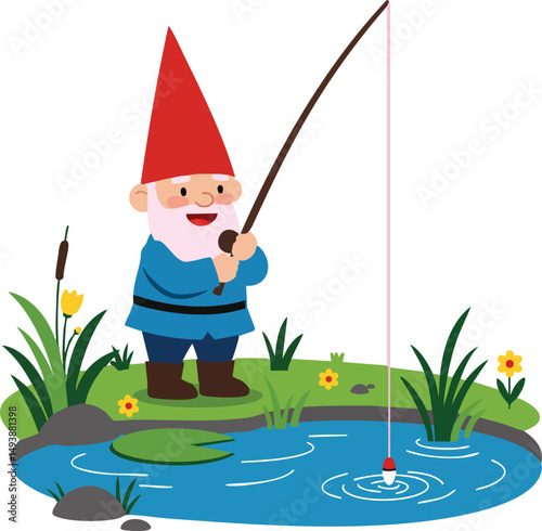 Garden gnome fishing at small pond with green grass and yellow flowers vector illustration 