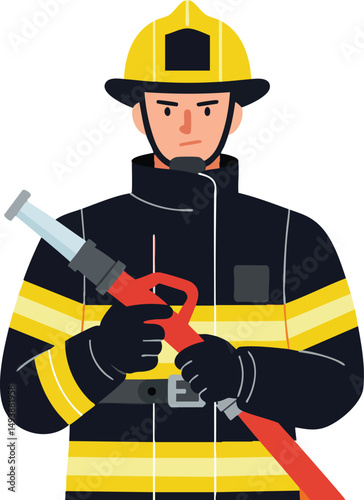 Firefighter holding fire hose wearing yellow helmet and black uniform vector illustration 