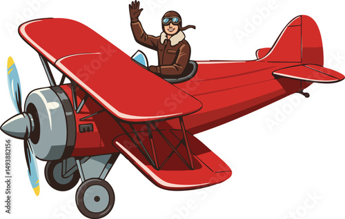 Red vintage biplane with pilot waving hand flying in clear sky vector illustration 