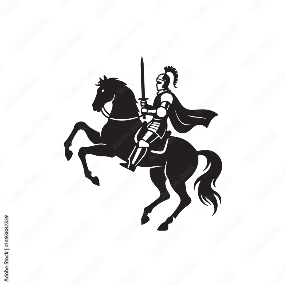 Fototapeta premium Silhouette of Knight on Rearing Horse with Sword