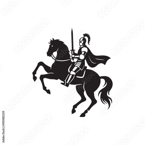Silhouette of Knight on Rearing Horse with Sword