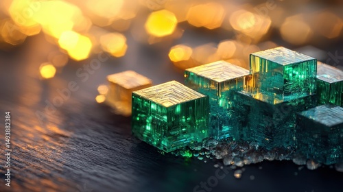 Air pressure visualization depicted in translucent emerald crystal formation with golden surfaces displaying molecular compression effects against bokeh background