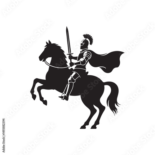 Silhouette of Knight on Rearing Horse with Sword