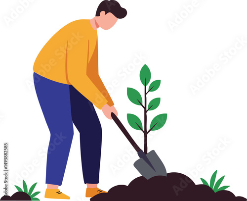 Man planting young green tree in soil gardening activity outdoors vector illustration 