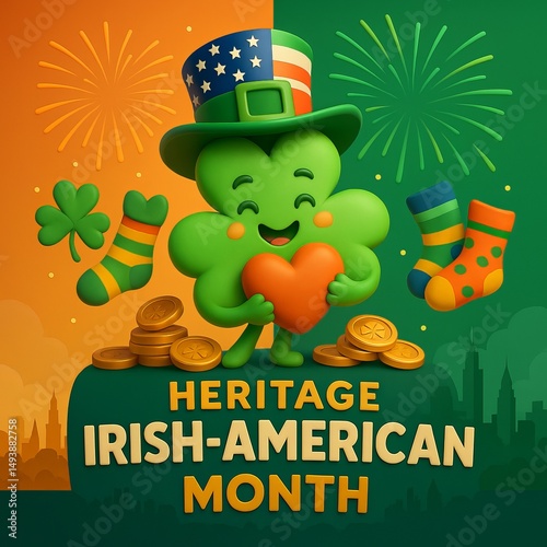 Heritage Irish-American Month 3D Cartoon Shamrock With Flag Hat..