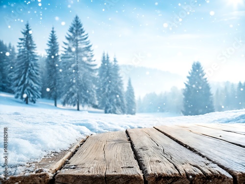 Snowy winter landscape with wooden surface in the foreground, winter, snow, tree, wood