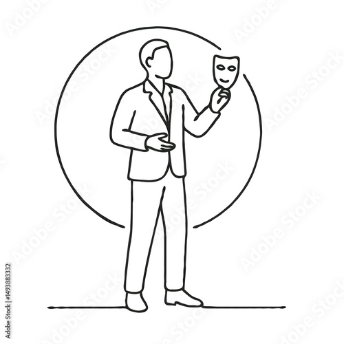 Line drawing of man holding theatrical mask on stage