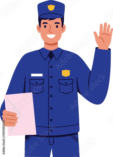 Police officer in blue uniform waving hand and holding envelope illustration vector image 