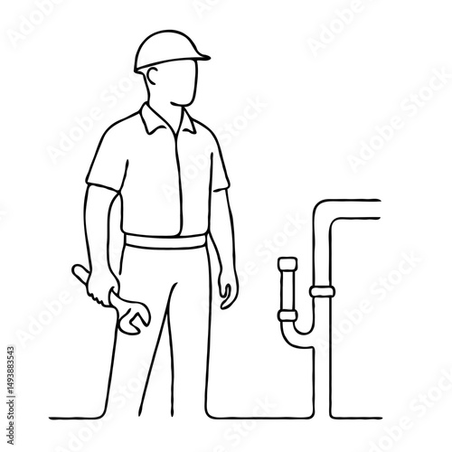 Line drawing of plumber holding wrench near pipes