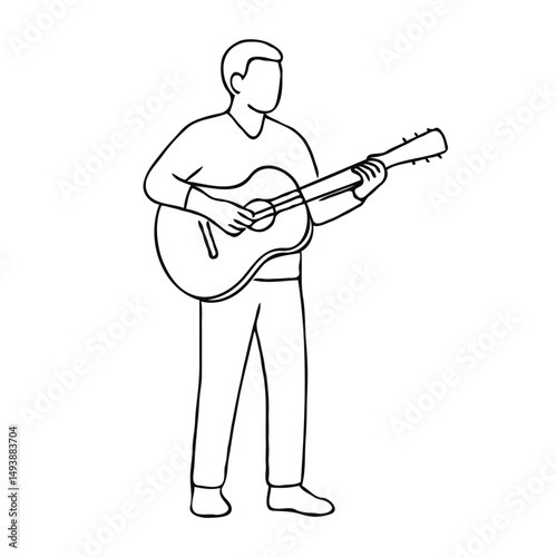 Line drawing of man playing acoustic guitar standing