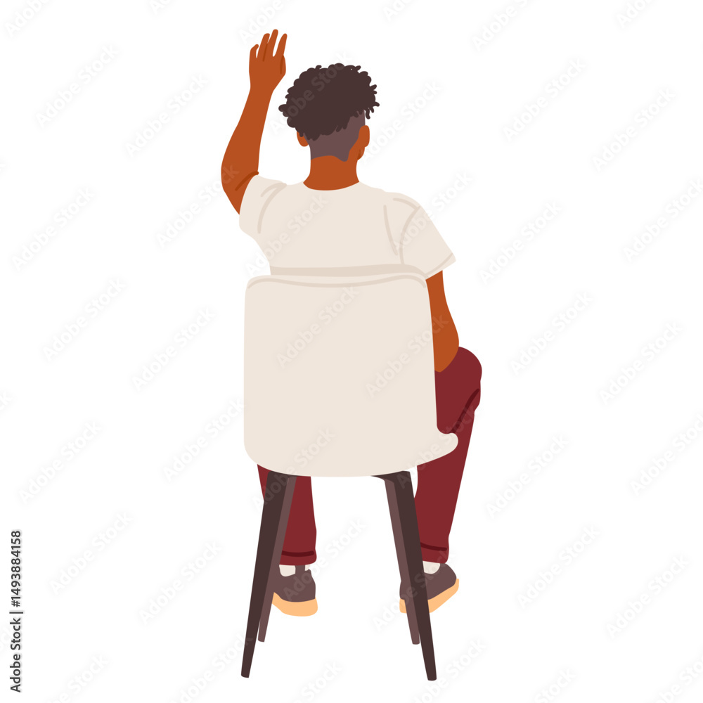 Fototapeta premium Young hipster guy cartoon character with raised hand sitting on chair back view isolated on white