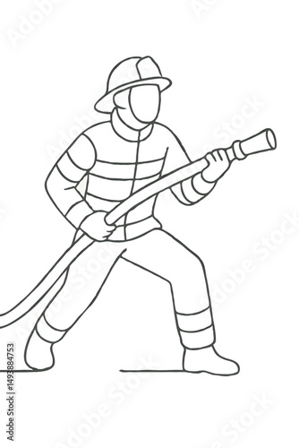 Line drawing of firefighter spraying water with hose