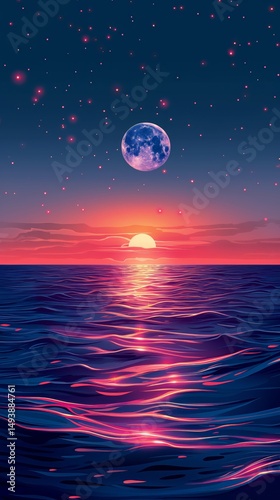 Moon Rising in Twilight Sky with Sun Setting on Pink Horizon Creating Neon Reflections on Ocean Waves, Digital Art Wallpaper