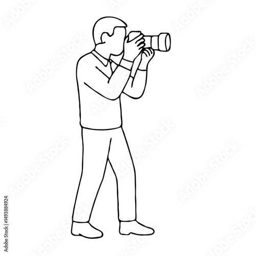 Line drawing of man taking photo with camera on white background