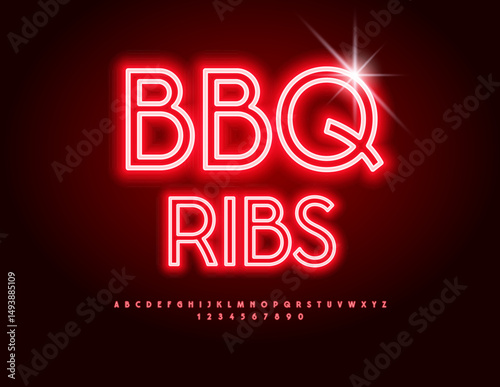Vector Neon Advertisement BBQ Ribs. Trendy Glowing Alphabet Letters and Numbers. Electric Red Font.