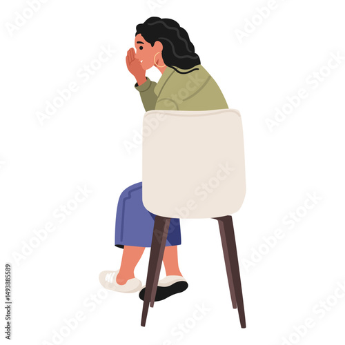 Back view trendy fashion woman cartoon character whispering while sitting on chair isolated on white