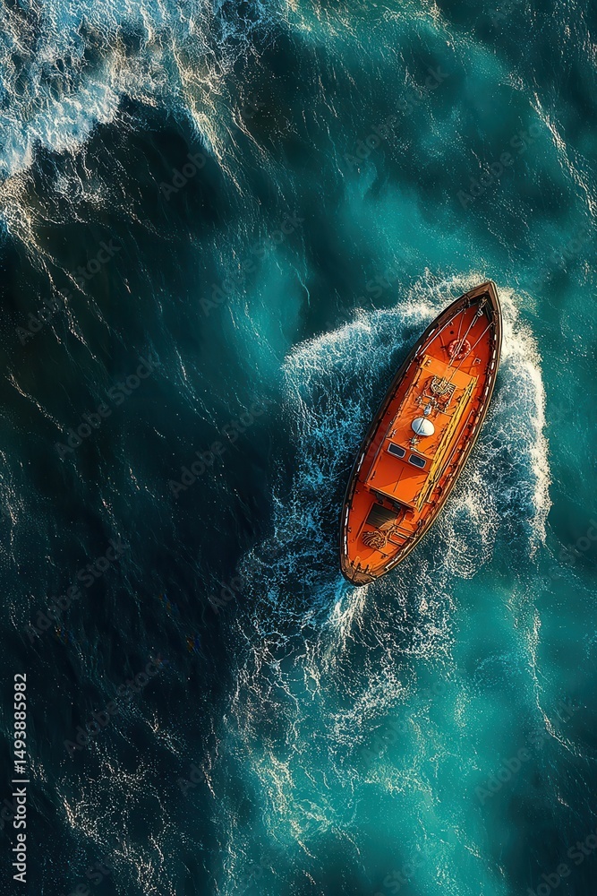 Fototapeta premium Orange lifeboat navigating the ocean waters with vibrant waves from above view
