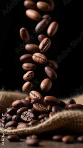 Roasted coffee cocoa beans falling down dark background motion graphic loop raw material ingredient for hot drink chocolate production.