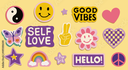 Trendy retro vector sticker set with smileys, peace sign, butterfly, heart, rainbow, stars, and positive phrases. Hand-drawn 70s cartoon style with fun, optimistic vibes.